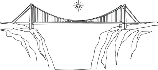 Minimalist continuous line drawing of suspension bridge over canyon for engineering connection and progress concepts vector illustration.