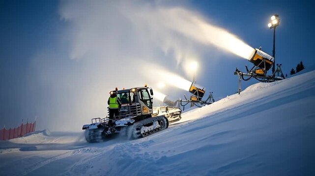 Snow Groomer Operating at Night in Winter Landscape with Snowmaking Equipment and Soft Lighting