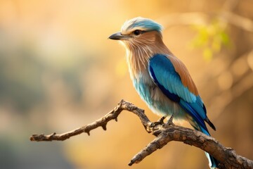 Obraz premium Colorful indian roller bird perched on a branch, enjoying the warm golden light