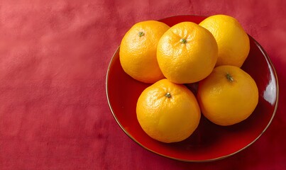 Top view of five large golden oranges arranged neatly on a small elegant red coffee saucer
