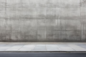 Modern urban background featuring a large concrete wall, sidewalk, and asphalt road, creating a minimalist cityscape scene