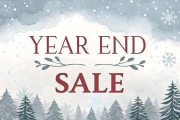 Year End Sale Winter Forest Banner, Red 3D Year End Sale Graphic, Snowy Pine Trees Sale Promotion, Christmas Year End Sale Design, White Red Winter Sale Background