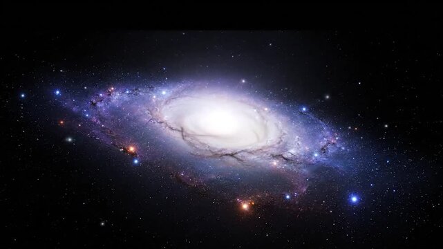 Vibrant spiral galaxy in dark space with glowing core and blue star-filled arms