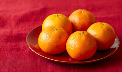 Top view of five large golden oranges arranged neatly on a small elegant red coffee saucer