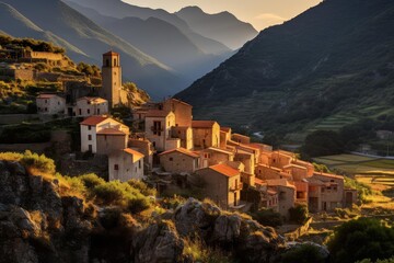 Obraz premium Golden light of setting sun illuminating ancient stone village nestled on corsican mountainside, highlighting church steeple