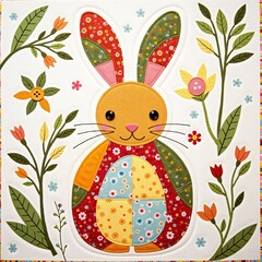 Patchwork composition with a fat rabbit