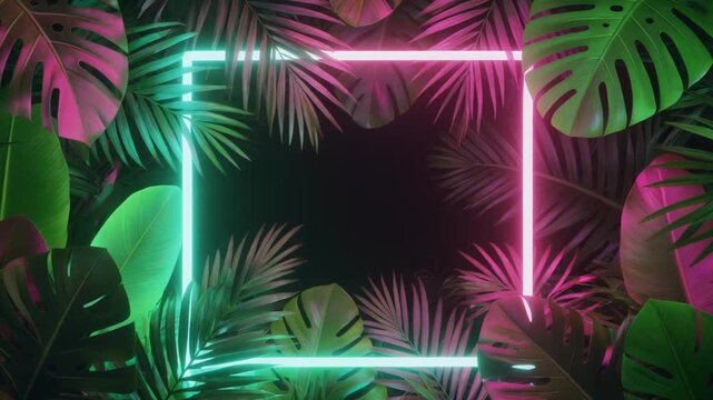 Creative fluorescent color layout made of lush tropical leaves, glowing neon light square 
