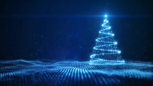 A futuristic glowing blue Christmas tree formed by energy lines and luminous particles Blue