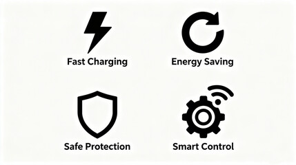 Elements such as fast charging and energy saving represent the electronic characteristics of safety protection and intelligent control, and are suitable for electronic promotional materials.
