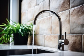 Stream of fresh water running from a stylish faucet into a sink in a contemporary kitchen with tiled wall and houseplant