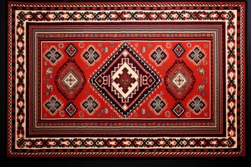 Close up view of a vibrant handmade rug, emphasizing its rich colors and complex geometric design