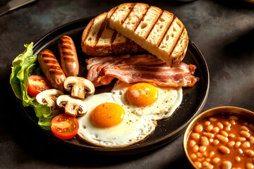 Traditional English Breakfast with Eggs Bacon Sausages Toast and Beans