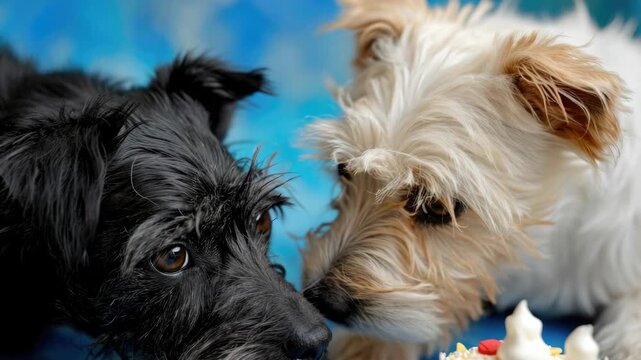 A pair of cute dogs gazing into the lens