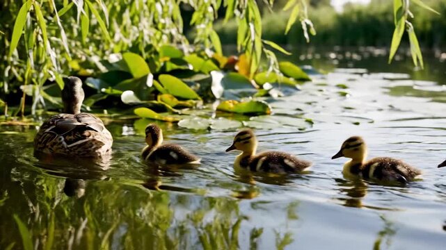 Ducklings Following single Mother duck in Line Across Pond Background