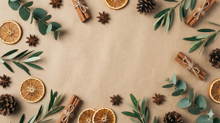 Natural Winter Frame with Dried Oranges and Spices　Warm Rustic Composition on Kraft Paper Background with Copy Space