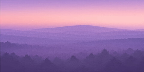 A breathtaking panorama of the misty mountain valley at dawn shows a golden sunrise over the peaks with clouds and forest trees glowing under a blue morning sky © MDNUR