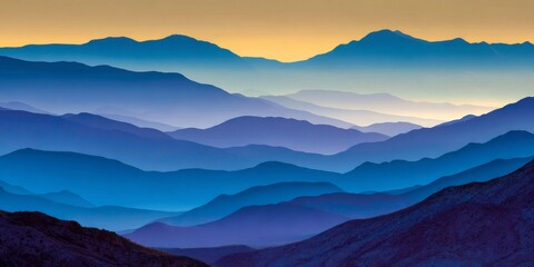 Obraz premium Layered blue mountain ridges fading into a sunset sky, showing atmospheric perspective and peaceful nature
