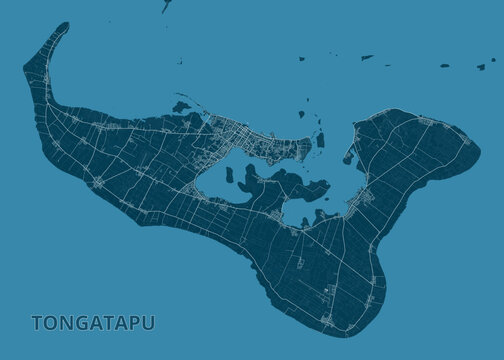 Map of Tongatapu Island. The map is rendered in a monochromatic teal color scheme, with the island itself and surrounding water depicted in varying shades of teal.