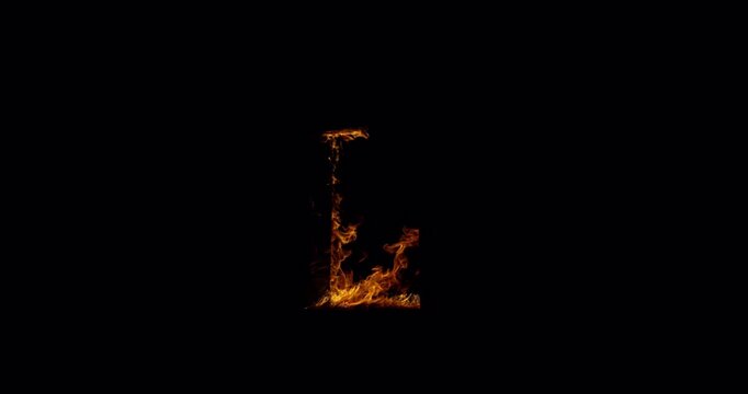 Burning letter L formed by fire sparks and glowing embers on black background. Cinematic fiery typography suitable for logo reveal, title animation, and visual effects.