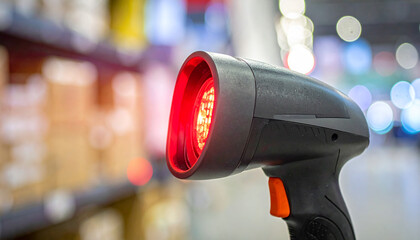 Close-up of a Handheld Barcode Scanner with a Red Light in a Blurred Retail Environment