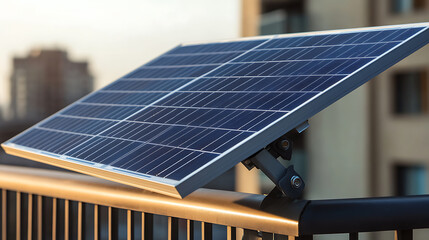 Solar panel harnessed on a railing, capturing sunlight to power sustainable energy solutions. Eco-friendly tech advances for a greener future. Renewable power innovation.