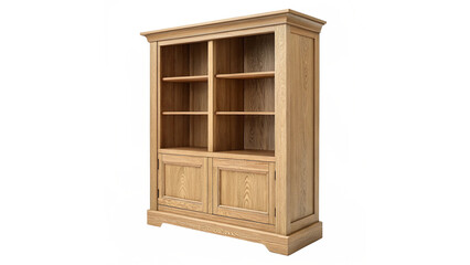 Classic Oak Wood Bookcase with Shelves and Lower Cupboard Doors Isolated on Transparent Background