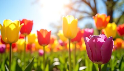 Colorful tulips blooming in sunlight on a sunny spring day  