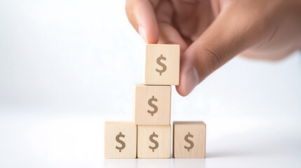 Stacking wooden blocks with money symbols to represent financial growth. Building a solid foundation for investments, savings, and wealth creation.