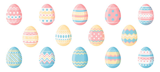 Set of easter eggs in pastel colour palette isolated on a clean white background. Easter vector collection in flat design.