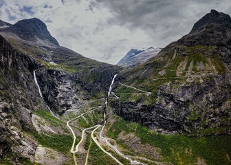 view of the iconic Trollstigen serpentine mountain road on County Road 63 in Norway