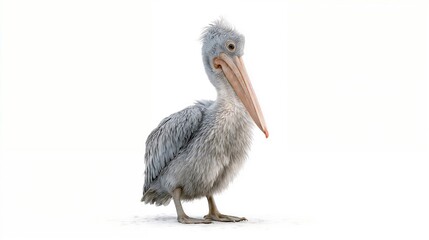 Dalmatian pelican bird portrait on white background, closeup of large waterbird with distinctive pouch bill and grey blue plumage standing in elegant pose