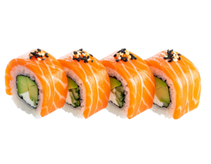 S-Curve Spiral of Salmon Sushi Rolls and Floating Avocado, isolated on transparent background