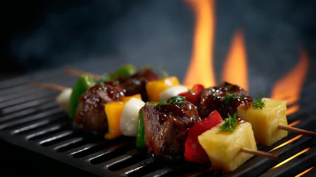 Delicious skewers grilling over open flame with vibrant vegetables and tender meat