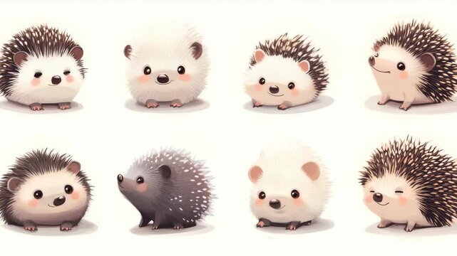 A delightful collection of twelve cute hedgehogs in a row, each with its own unique expression and pose, set against a white background.