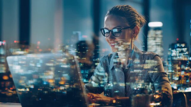 Double exposure of business people working in an office and a digital identity with a laptop computer on the table.