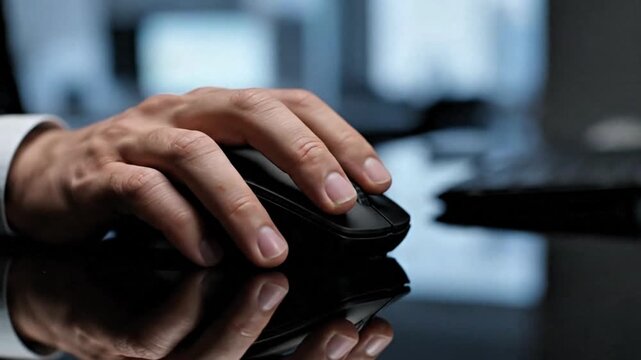 Video, close-up, employee's hand holding a wireless computer mouse on a shiny desk, illustration of a company, industry, technology. 