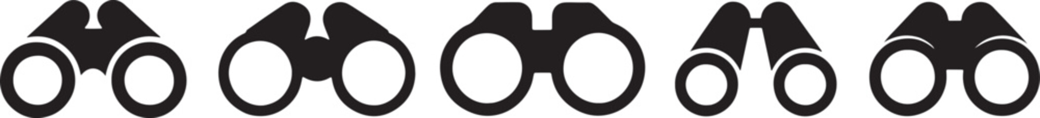 Binoculars silhouette icons with optical, vision, search, zoom, travel, tool, isolated vector set