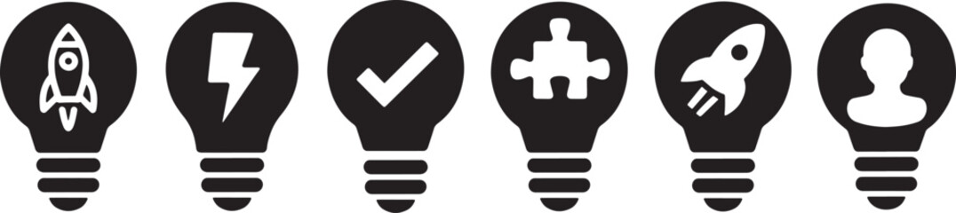 Light bulb icons with rocket, lightning, check, puzzle, user, innovation, idea, symbol, isolated vector set