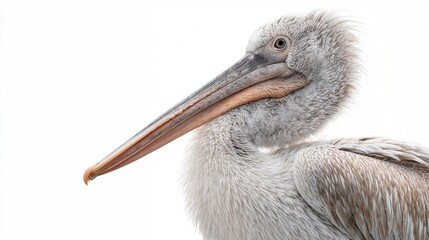 Detailed close-up portrait of dalmatian pelican showcasing intricate feather textures and distinctive long bill against clean white background for commercial use