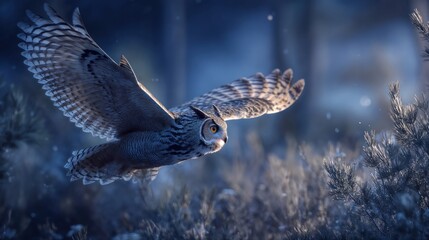 Majestic owl gliding through snowy winter forest with outstretched wings in ethereal blue twilight atmosphere