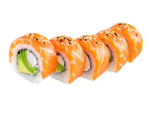 S-Curve Spiral of Salmon Sushi Rolls and Floating Avocado, isolated on transparent background (2)
