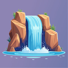 Cartoon illustration of a waterfall cascading over rocks into a pool of water.