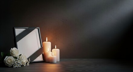 Elegant memorial setup with candles and white roses on wooden table