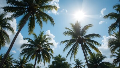 Copy space with tropical palm trees, warm sunlight, and clear blue sky background for summer design