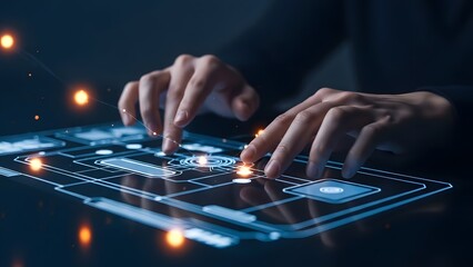 Hands interacting with futuristic holographic interface