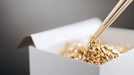 A cascade of golden chains spills from a pristine white box, caught mid-motion by chopsticks, offering a peek into luxury and artistry, on a clean backdrop.