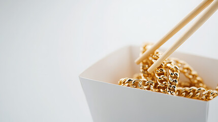 Gold chain links fill a white takeout container, held aloft by wooden chopsticks. A blend of luxury and humor defines this intriguing image. #GoldChains #UnexpectedElegance