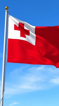Tongan Flag Waving Against Blue Sky