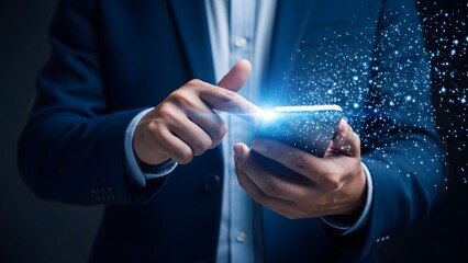 Businessman interacting with a futuristic smartphone interface