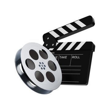 Movie clapper board with reel 3d render
